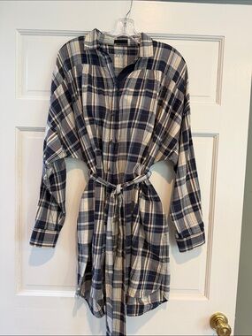 ATM Anthony Thomas Melillo Navy and Cream Plaid Mini Shirt Dress